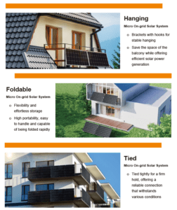 Hanging Micro On-grid Solar System: Brackets with hooks for stable hanging. Save the space of the balcony while offering efficient solar power generation. Foldable Micro On-grid Solar System: Flexibility and effortless storage. High portability, easy to handle and capable of being folded rapidly. Tied Micro On-grid Solar System: Tied tightly for a firm hold, offering a reliable connection that withstands various conditions.