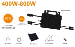 bill of materials, AC cable. DC cable. 400W-800W. Solar Panel. Micro Inverter. Solar Bracket Wrench. 95% LIGHT TRANSMITTANCE, OVER 21% CONVERSION RATE